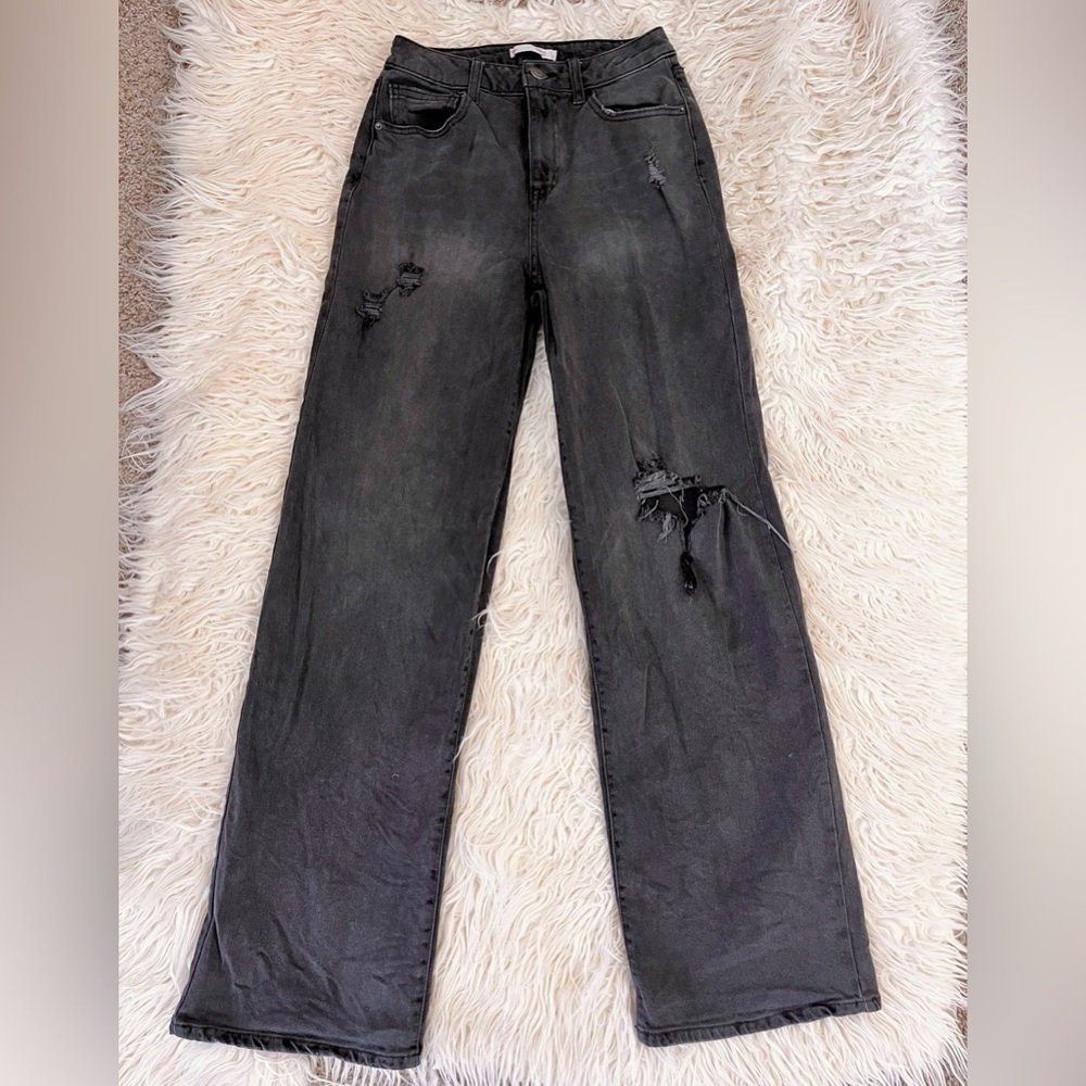 SO Faded Black Grey Super High Rise Wide Leg Distressed Jeans size 3